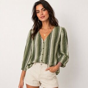 Pale Sky Millie Olive Green Striped Textured Button Front Knit Top Large NEW